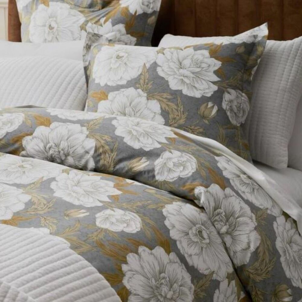 Company Store Company Cotton Grey/Gold Peonies Sateen Set of 2 Standard Shams - Picture 6 of 7